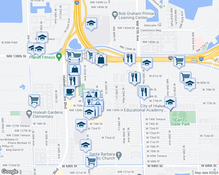 map of restaurants, bars, coffee shops, grocery stores, and more near 7935 West 30th Court in Hialeah