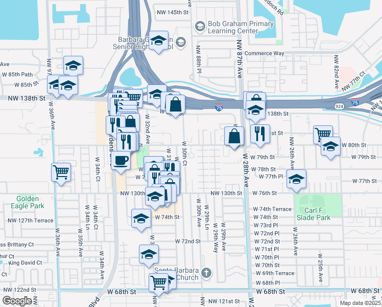 map of restaurants, bars, coffee shops, grocery stores, and more near 7935 West 30th Court in Hialeah