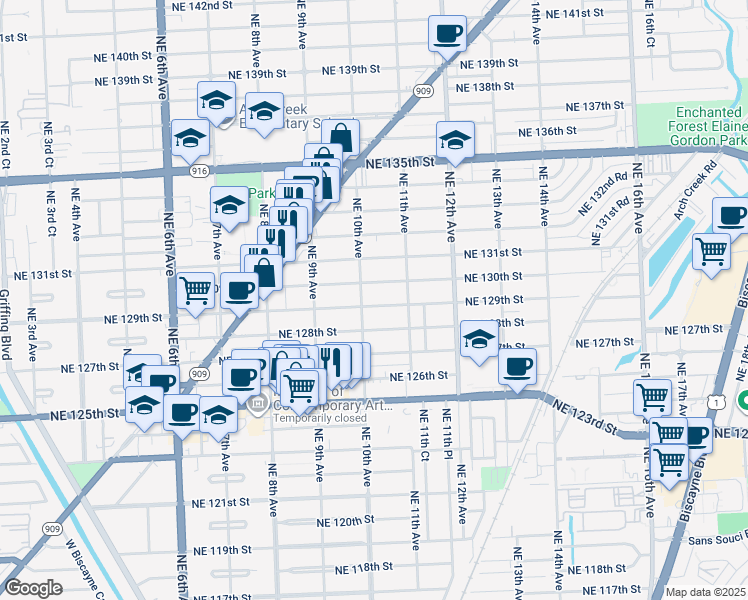 map of restaurants, bars, coffee shops, grocery stores, and more near 1025 Northeast 129th Street in North Miami