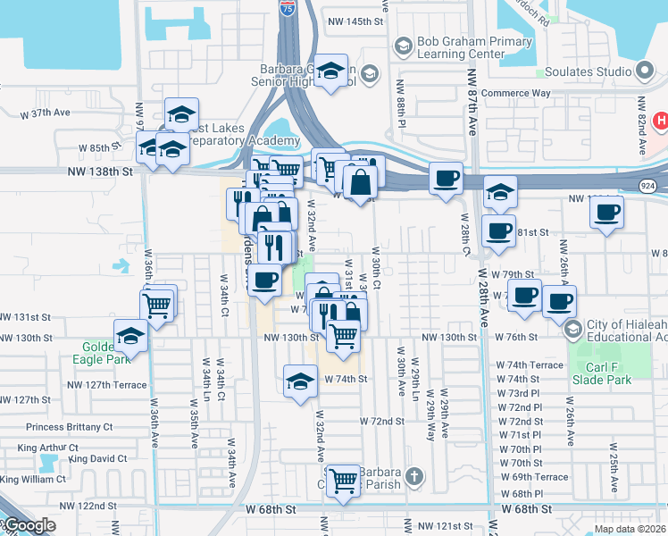 map of restaurants, bars, coffee shops, grocery stores, and more near 3166 West 79th Place in Hialeah