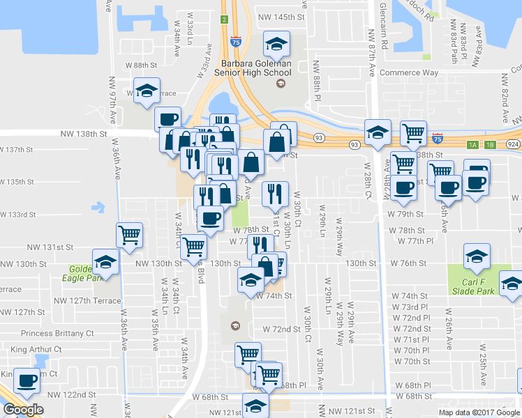 map of restaurants, bars, coffee shops, grocery stores, and more near 3166 West 79th Place in Hialeah