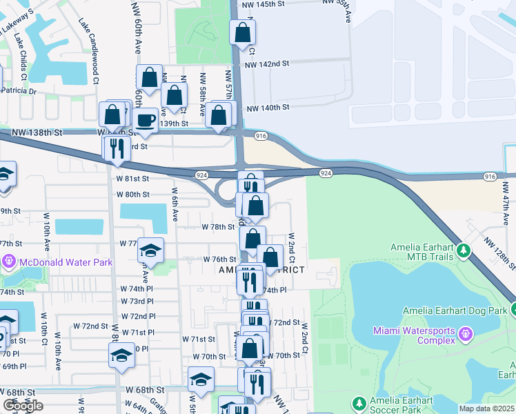 map of restaurants, bars, coffee shops, grocery stores, and more near 345 West 78th Road in Hialeah