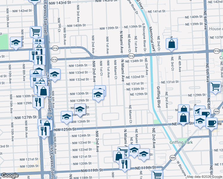 map of restaurants, bars, coffee shops, grocery stores, and more near 13025 NW 1st Ave in Miami