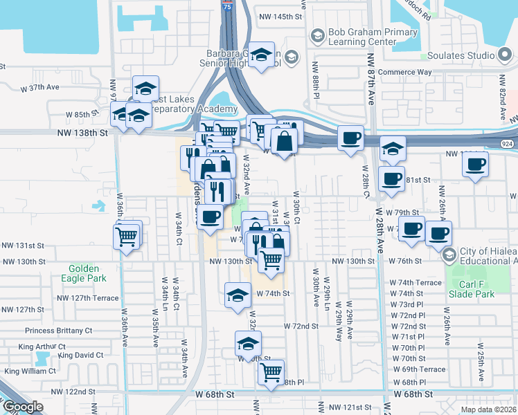 map of restaurants, bars, coffee shops, grocery stores, and more near 3166 West 79th Place in Hialeah