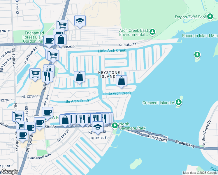 map of restaurants, bars, coffee shops, grocery stores, and more near 2243 Bayview Lane in North Miami