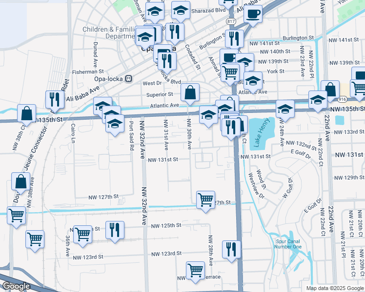 map of restaurants, bars, coffee shops, grocery stores, and more near 2924 Northwest 132nd Terrace in Opa-locka