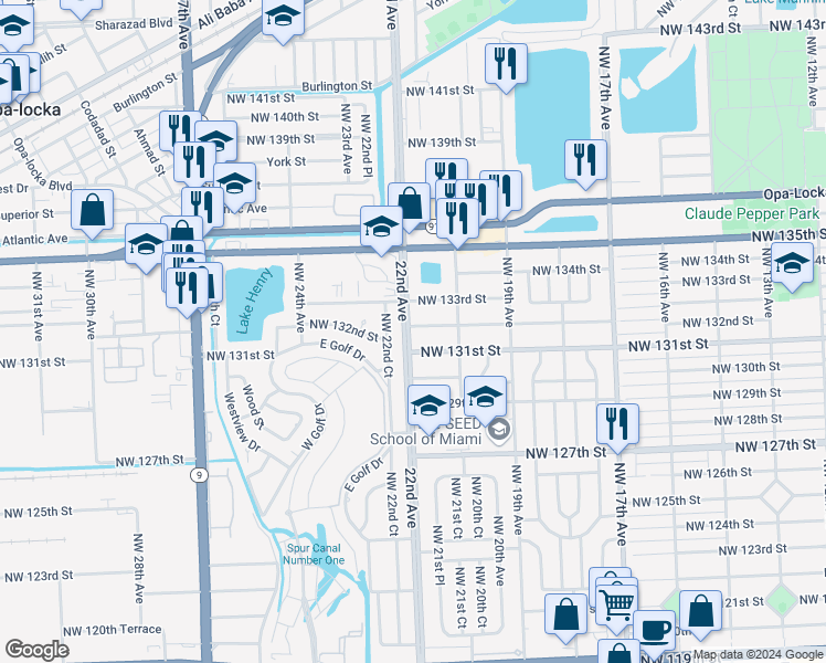 map of restaurants, bars, coffee shops, grocery stores, and more near 13175 Northwest 22nd Avenue in Miami