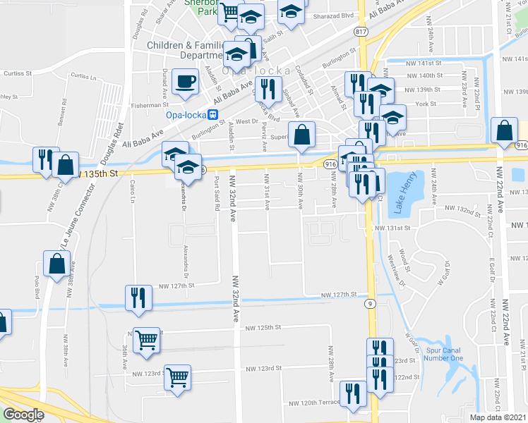 map of restaurants, bars, coffee shops, grocery stores, and more near 3006 Northwest 132nd Terrace in Opa-locka