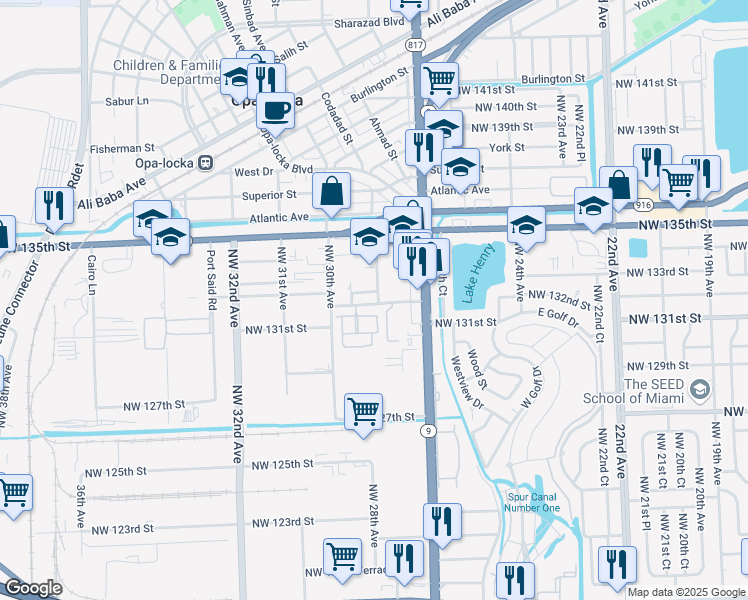 map of restaurants, bars, coffee shops, grocery stores, and more near 4814 Northwest 132nd Street in Opa-locka