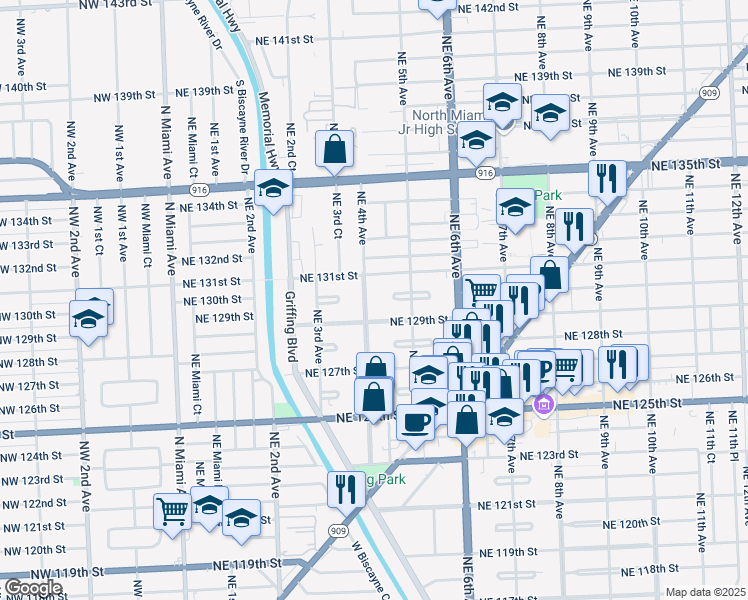 map of restaurants, bars, coffee shops, grocery stores, and more near 12995 Northeast 4th Avenue in North Miami