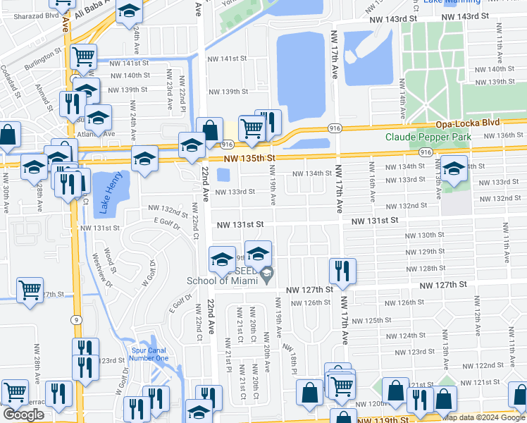 map of restaurants, bars, coffee shops, grocery stores, and more near 1930 Northwest 132nd Street in Miami