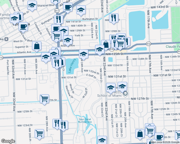 map of restaurants, bars, coffee shops, grocery stores, and more near 2330 Northwest 132nd Street in Miami
