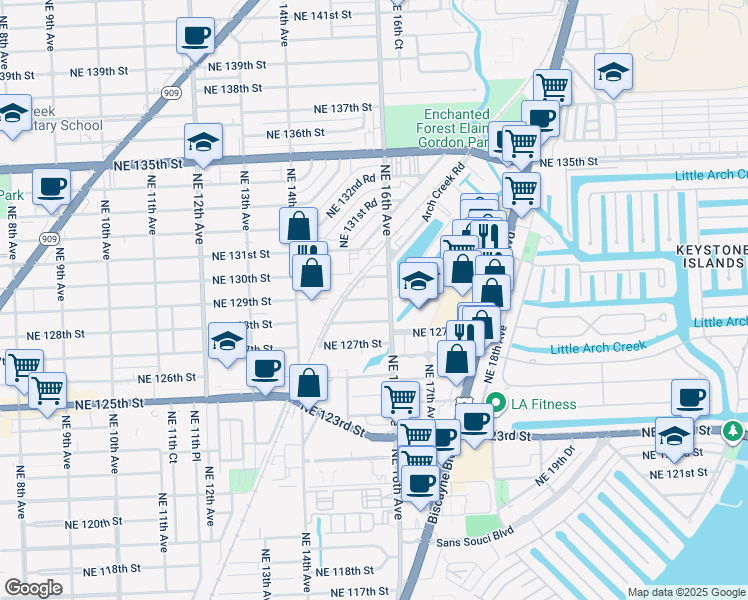 map of restaurants, bars, coffee shops, grocery stores, and more near 1540 Northeast 129th Street in North Miami