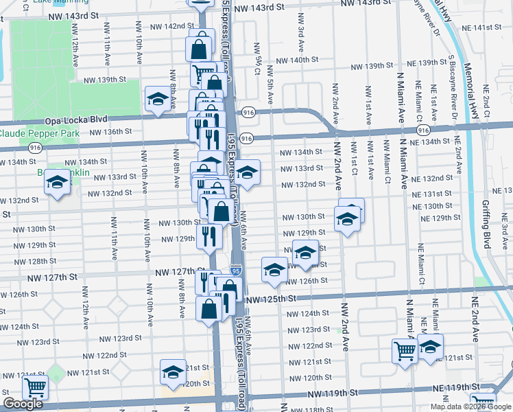 map of restaurants, bars, coffee shops, grocery stores, and more near 540 Northwest 131st Street in North Miami