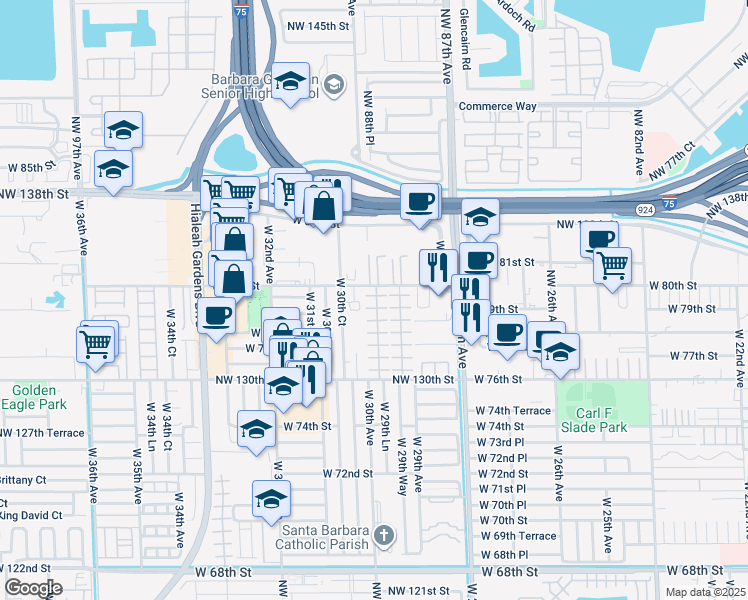 map of restaurants, bars, coffee shops, grocery stores, and more near 7935 West 30th Court in Hialeah