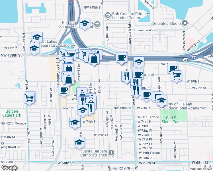 map of restaurants, bars, coffee shops, grocery stores, and more near 7935 West 30th Court in Hialeah