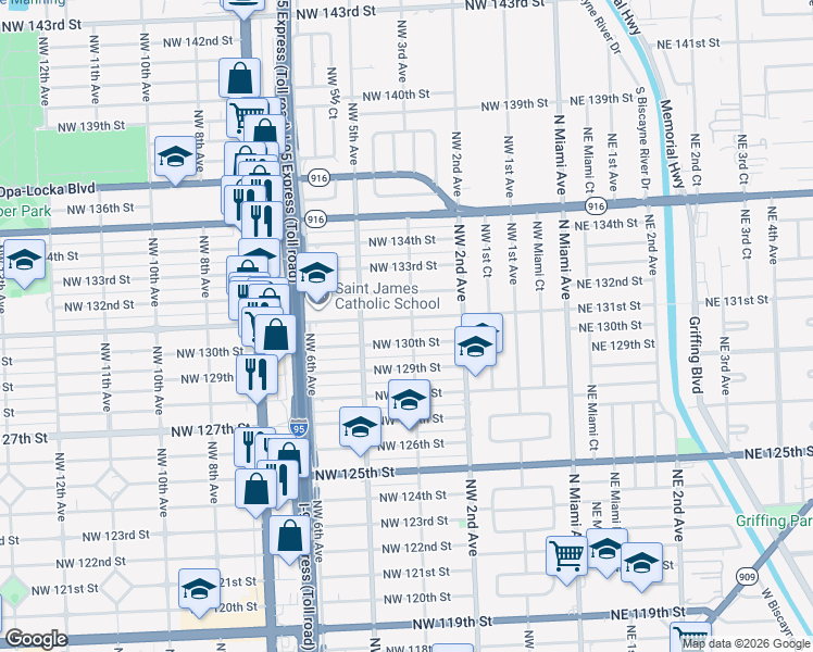 map of restaurants, bars, coffee shops, grocery stores, and more near 400 Northwest 131st Street in North Miami