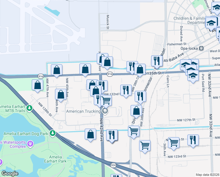 map of restaurants, bars, coffee shops, grocery stores, and more near 4165 Northwest 132nd Street in Opa-locka