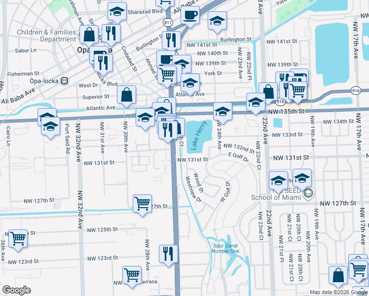 map of restaurants, bars, coffee shops, grocery stores, and more near 13141 Northwest 26th Court in Miami