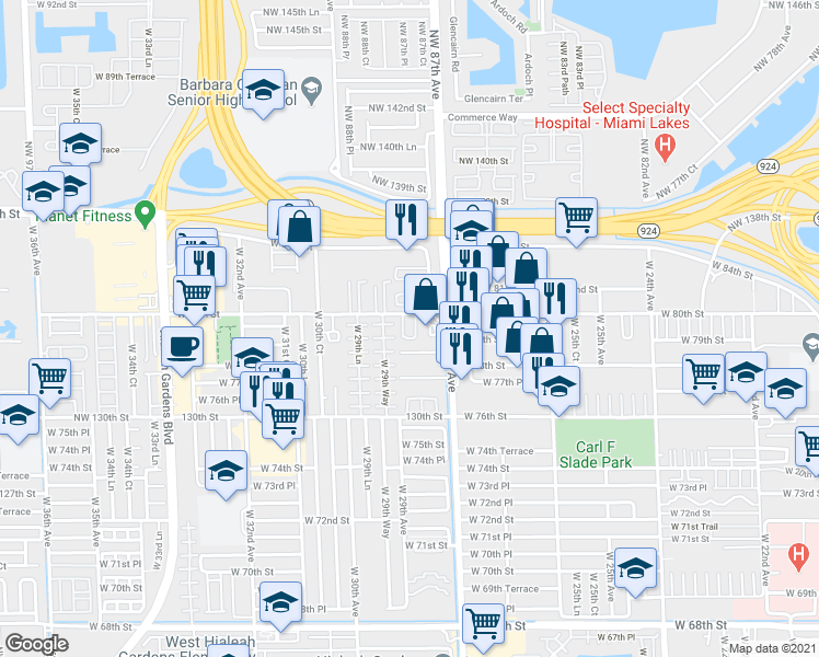map of restaurants, bars, coffee shops, grocery stores, and more near 2860 West 80th Street in Hialeah