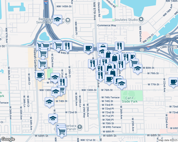 map of restaurants, bars, coffee shops, grocery stores, and more near 2860 West 80th Street in Hialeah