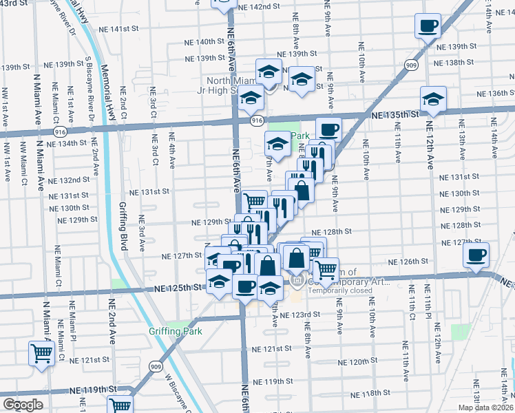 map of restaurants, bars, coffee shops, grocery stores, and more near 660 Northeast 130th Street in North Miami
