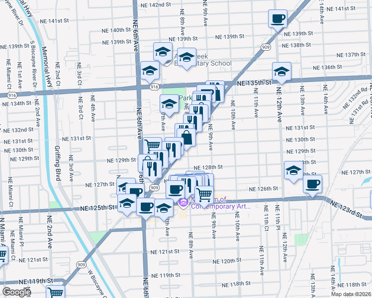 map of restaurants, bars, coffee shops, grocery stores, and more near 12930 Northeast 8th Avenue in North Miami