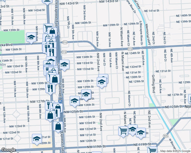 map of restaurants, bars, coffee shops, grocery stores, and more near 240 Northwest 131st Street in North Miami