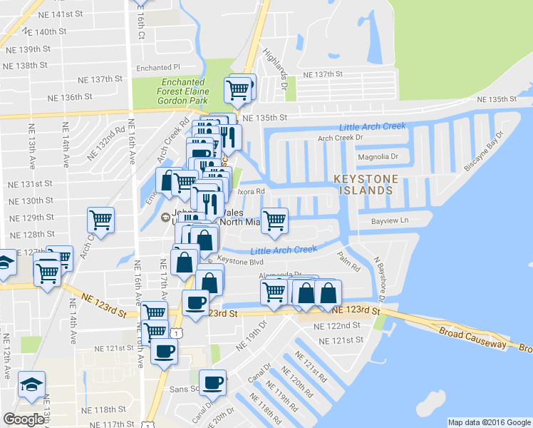 map of restaurants, bars, coffee shops, grocery stores, and more near 12904 Banyan Road in North Miami