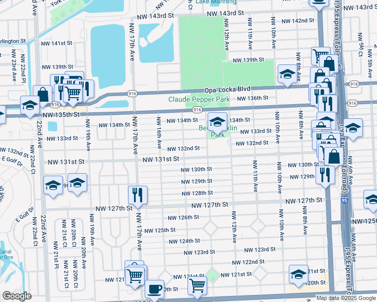 map of restaurants, bars, coffee shops, grocery stores, and more near 1371 Northwest 131st Street in North Miami
