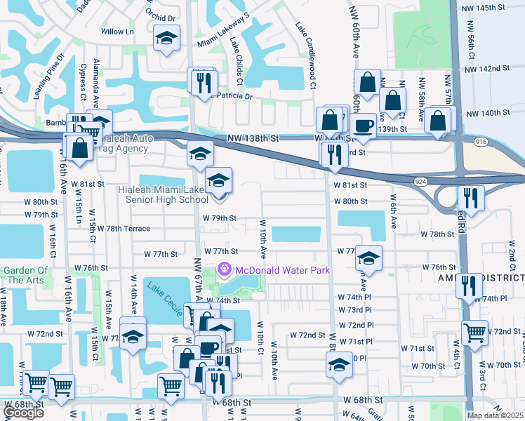 map of restaurants, bars, coffee shops, grocery stores, and more near 999 West 79th Street in Hialeah