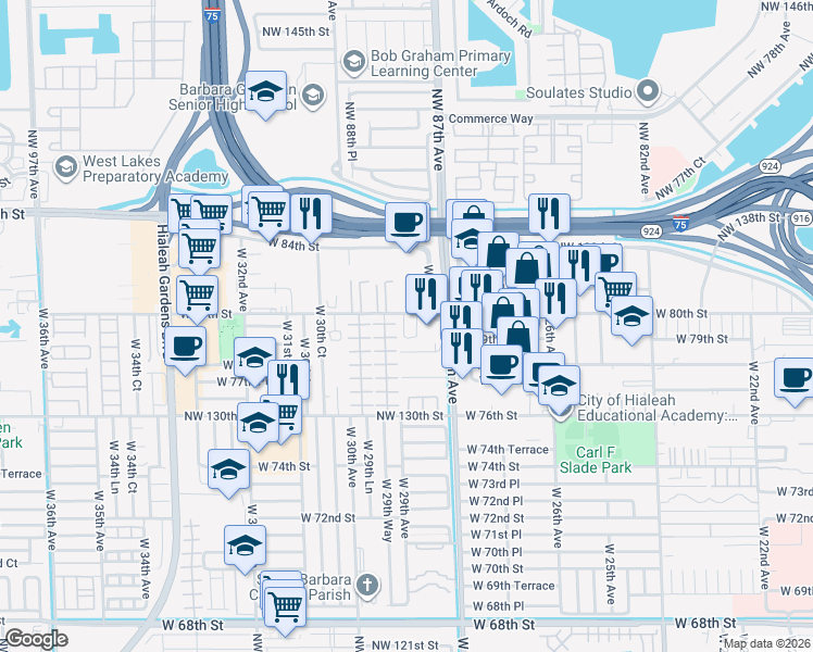 map of restaurants, bars, coffee shops, grocery stores, and more near 2860 West 80th Street in Hialeah