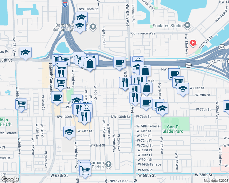 map of restaurants, bars, coffee shops, grocery stores, and more near 7922 West 29th Way in Hialeah
