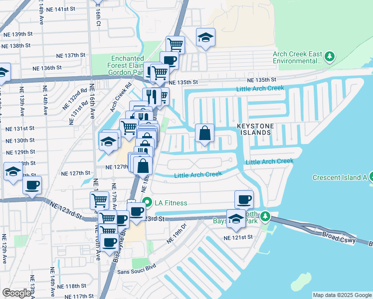 map of restaurants, bars, coffee shops, grocery stores, and more near 12904 Banyan Road in North Miami
