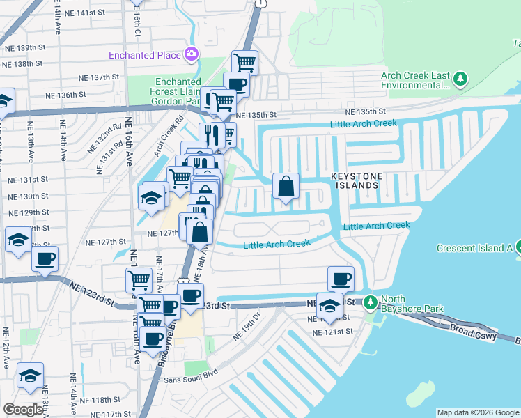 map of restaurants, bars, coffee shops, grocery stores, and more near 12904 Banyan Road in North Miami