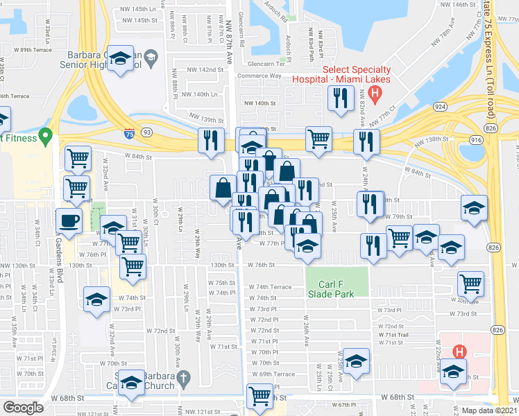 map of restaurants, bars, coffee shops, grocery stores, and more near 2739 West 79th Street in Hialeah