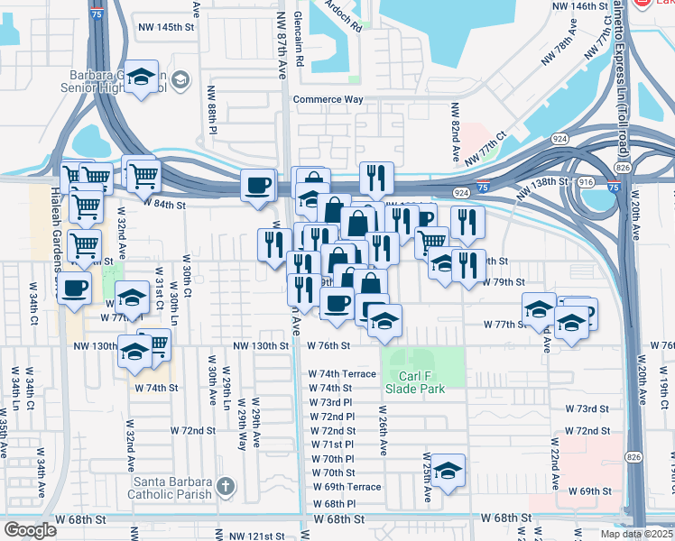map of restaurants, bars, coffee shops, grocery stores, and more near 2739 West 79th Street in Hialeah