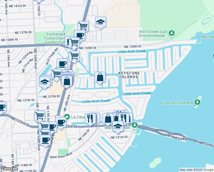 map of restaurants, bars, coffee shops, grocery stores, and more near 2085 North Hibiscus Drive in North Miami