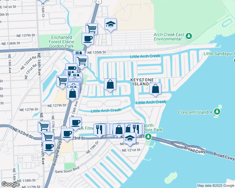 map of restaurants, bars, coffee shops, grocery stores, and more near 2085 North Hibiscus Drive in North Miami