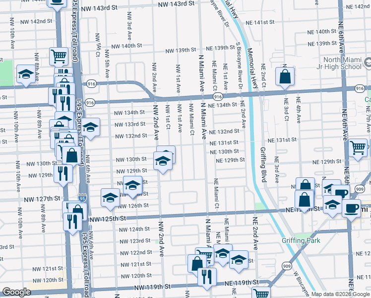 map of restaurants, bars, coffee shops, grocery stores, and more near 13025 Northwest 1st Avenue in Miami