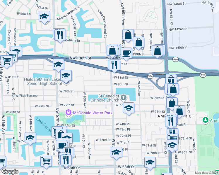 map of restaurants, bars, coffee shops, grocery stores, and more near 831 West 79th Street in Hialeah