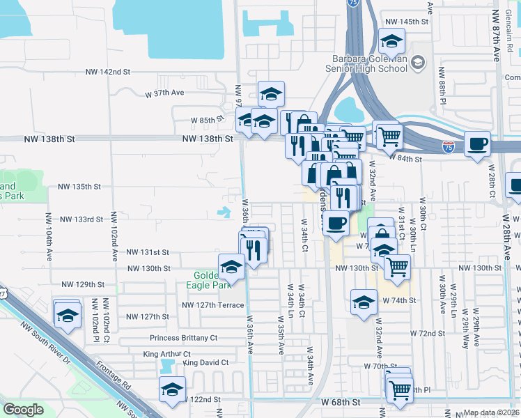 map of restaurants, bars, coffee shops, grocery stores, and more near 3538 Northwest 96th Avenue in Hialeah