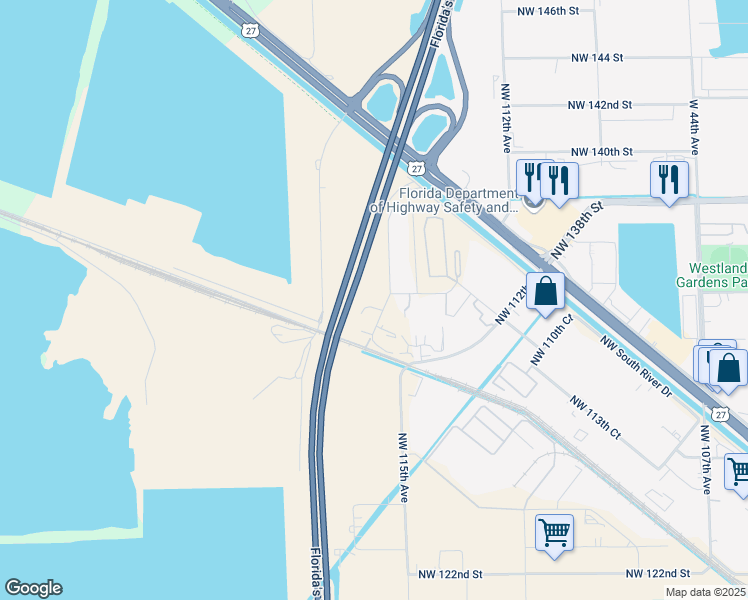 map of restaurants, bars, coffee shops, grocery stores, and more near 11500 Northwest 134th Street in Miami