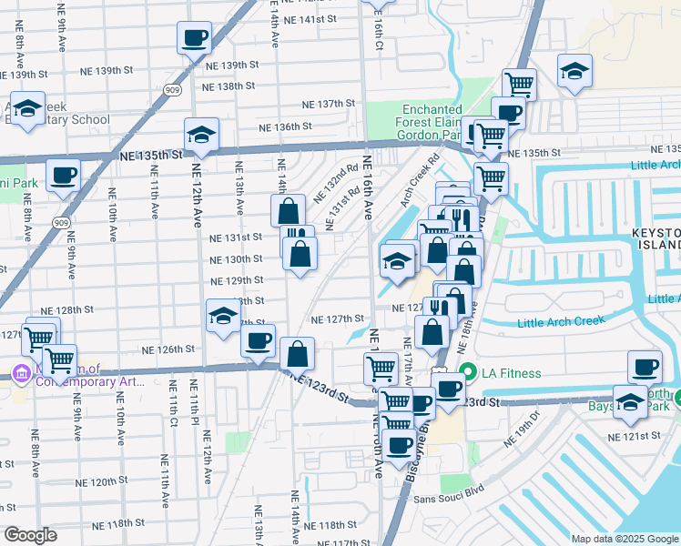 map of restaurants, bars, coffee shops, grocery stores, and more near 1540 Northeast 129th Street in North Miami