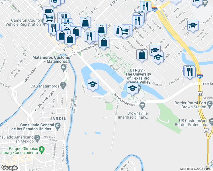 map of restaurants, bars, coffee shops, grocery stores, and more near 1951-1999 West University Boulevard in Brownsville