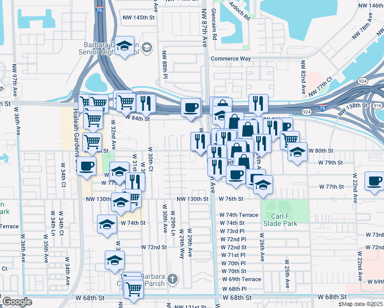 map of restaurants, bars, coffee shops, grocery stores, and more near 2860 West 80th Street in Hialeah
