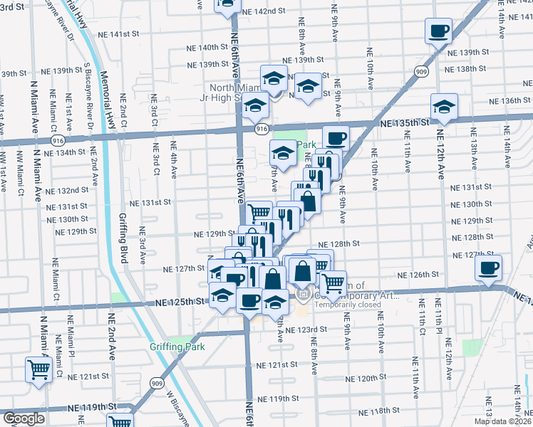 map of restaurants, bars, coffee shops, grocery stores, and more near 660 Northeast 130th Street in North Miami