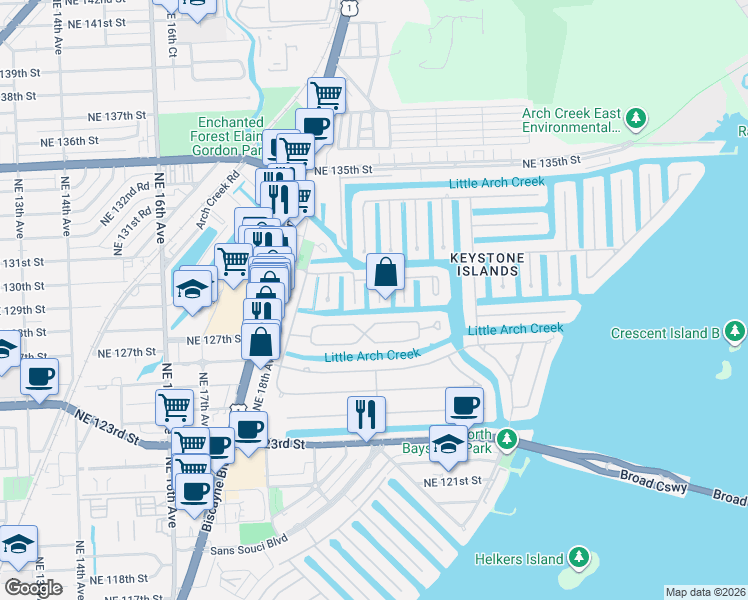 map of restaurants, bars, coffee shops, grocery stores, and more near 12905 Cherry Road in North Miami