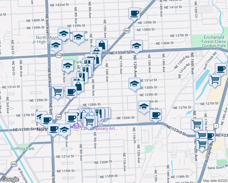 map of restaurants, bars, coffee shops, grocery stores, and more near 1025 Northeast 129th Street in North Miami