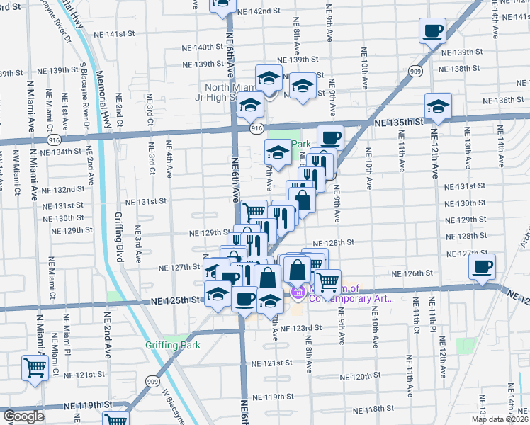 map of restaurants, bars, coffee shops, grocery stores, and more near 660 Northeast 130th Street in North Miami